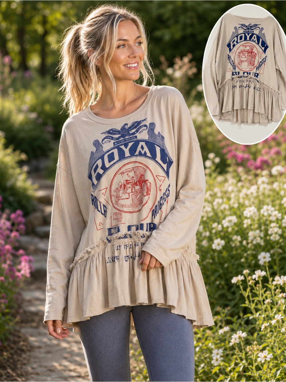 BlueVelvet L Royal Vintage Brand Graphic Long Sleeve Top